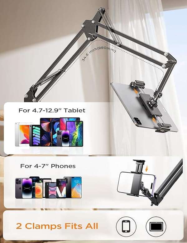 LISEN Tablet Stand iPad Stand for Desk Mount [Ultra Sturdy 2 Clamps] iPad Holder for Tablet Holder Mount Desk Accessories for Men fits iPad Air, iPad 12, iPhone 17e, 4-13" Device (Black) - Image 2
