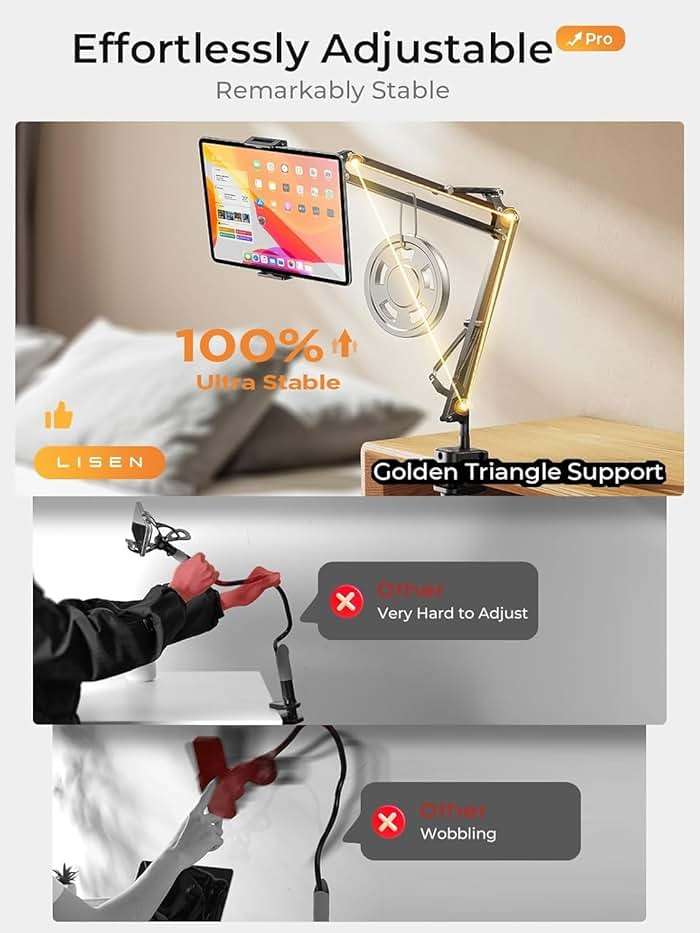 LISEN Tablet Stand iPad Stand for Desk Mount [Ultra Sturdy 2 Clamps] iPad Holder for Tablet Holder Mount Desk Accessories for Men fits iPad Air, iPad 12, iPhone 17e, 4-13" Device (Black) - Image 3