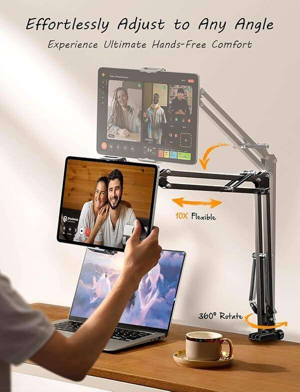 LISEN Tablet Stand iPad Stand for Desk Mount [Ultra Sturdy 2 Clamps] iPad Holder for Tablet Holder Mount Desk Accessories for Men fits iPad Air, iPad 12, iPhone 17e, 4-13" Device (Black) - Image 4