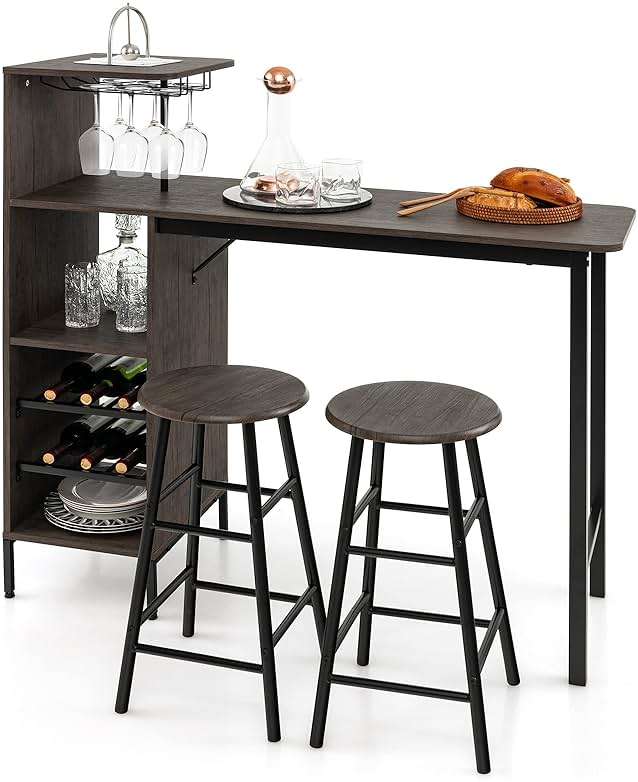 COSTWAY 3 Pieces Bar Table and Chair Set, Industrial Pub Table & Stools with Wine Glass Holders & 6-Bottle Wine Racks, Counter Height Dining Table Set for Living Room Dining Room Kitchen, Brown - Image 1