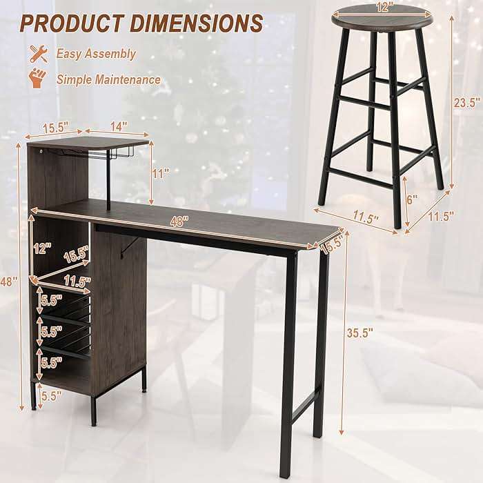 COSTWAY 3 Pieces Bar Table and Chair Set, Industrial Pub Table & Stools with Wine Glass Holders & 6-Bottle Wine Racks, Counter Height Dining Table Set for Living Room Dining Room Kitchen, Brown - Image 3