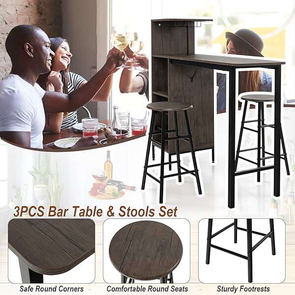 COSTWAY 3 Pieces Bar Table and Chair Set, Industrial Pub Table & Stools with Wine Glass Holders & 6-Bottle Wine Racks, Counter Height Dining Table Set for Living Room Dining Room Kitchen, Brown - Image 4