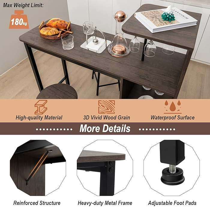 COSTWAY 3 Pieces Bar Table and Chair Set, Industrial Pub Table & Stools with Wine Glass Holders & 6-Bottle Wine Racks, Counter Height Dining Table Set for Living Room Dining Room Kitchen, Brown - Image 7