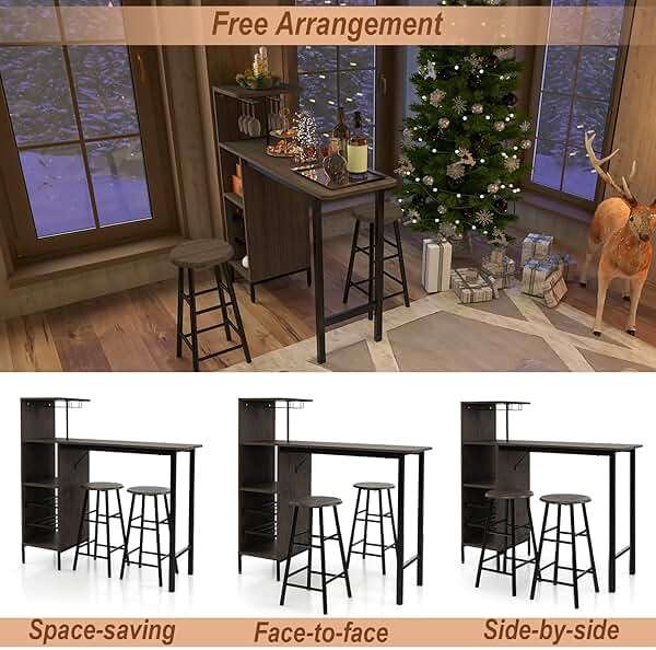 COSTWAY 3 Pieces Bar Table and Chair Set, Industrial Pub Table & Stools with Wine Glass Holders & 6-Bottle Wine Racks, Counter Height Dining Table Set for Living Room Dining Room Kitchen, Brown - Image 8