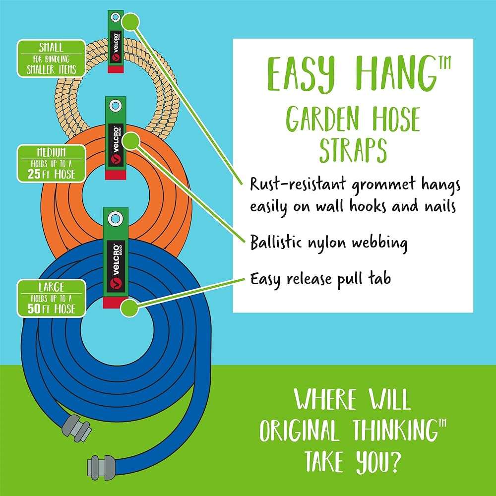 VELCRO Brand Easy Hang Garden Hose or Extension Cord Holder Organizer Variety Pack. Holds up to 100lbs. Heavy Duty Straps Perfect for Shed or Garage Organization. 3-pk 10",14" and 18", Black - Image 3