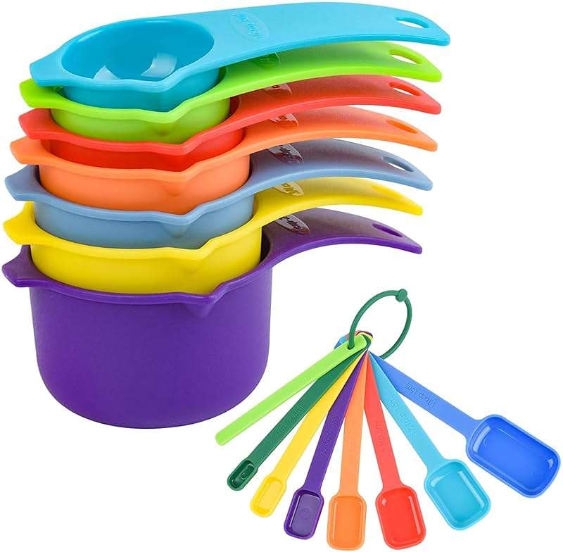 Kalsreui Measuring Cups and Spoons Set 15, 7 Plastic Measuring Cup Set, 7 Spice Long Handle Measuring Spoons with 1 Leveler for Kitchen and Baking, Dry Metric Measure Cups & Spoons Mixing Random Color - Image 1