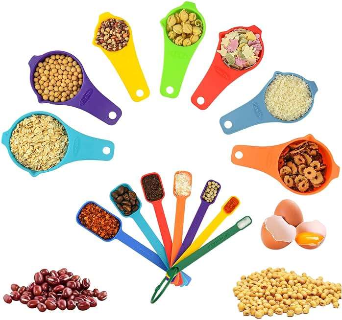 Kalsreui Measuring Cups and Spoons Set 15, 7 Plastic Measuring Cup Set, 7 Spice Long Handle Measuring Spoons with 1 Leveler for Kitchen and Baking, Dry Metric Measure Cups & Spoons Mixing Random Color - Image 3