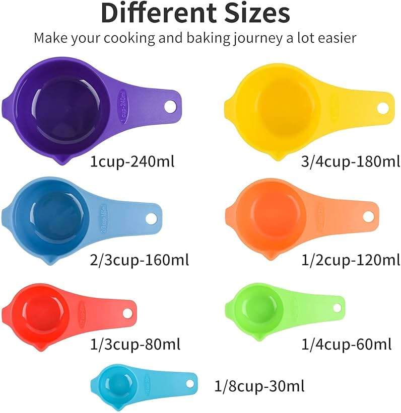 Kalsreui Measuring Cups and Spoons Set 15, 7 Plastic Measuring Cup Set, 7 Spice Long Handle Measuring Spoons with 1 Leveler for Kitchen and Baking, Dry Metric Measure Cups & Spoons Mixing Random Color - Image 5
