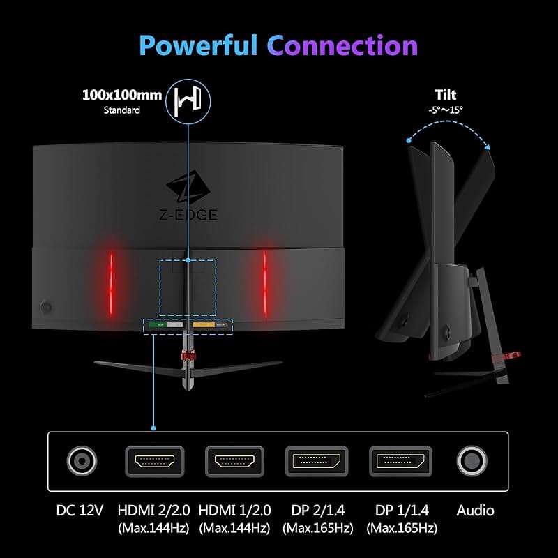 Z-Edge 27 inch Curved Gaming Monitor, QHD 1440P 165Hz 144Hz Curved 1500R Computer Monitor, MPRT 1ms Monitor Gaming, 16.7M Colors, UG27Q Frameless Bezel, 2X DP 1.4 Ports and 2X HDMI 2.0 Ports - Image 7