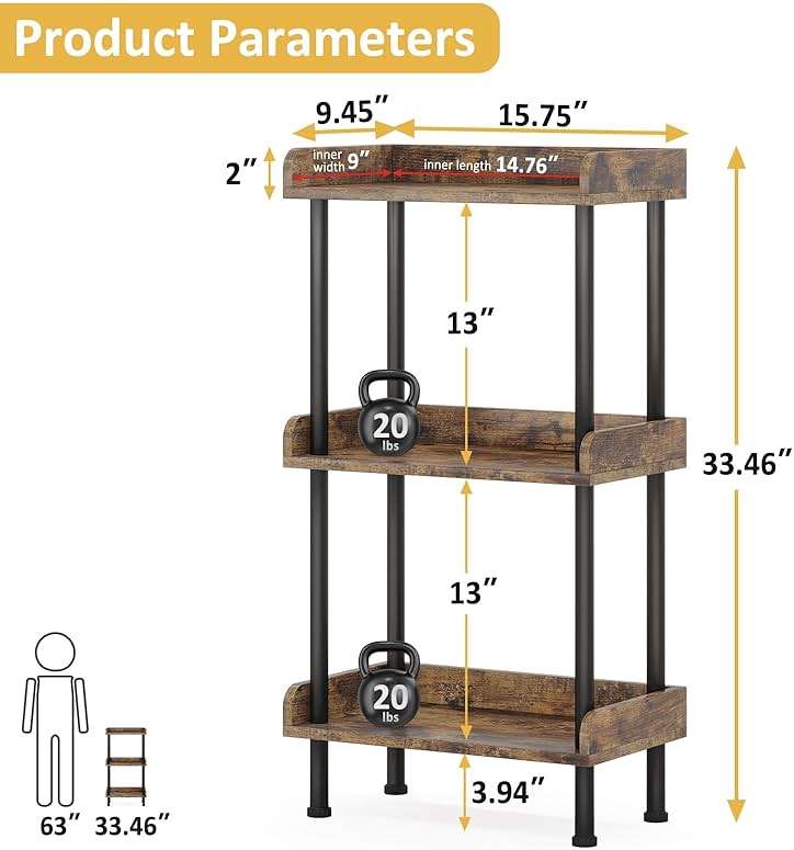 Hosfais Bookshelf Small Book Shelf, 3 Tier Wood Bookcase Industrial Bookshelf Metal Standing Book Shelves Display Book Rack for Living Room Bedroom Home Office (Rustic Brown) - Image 3