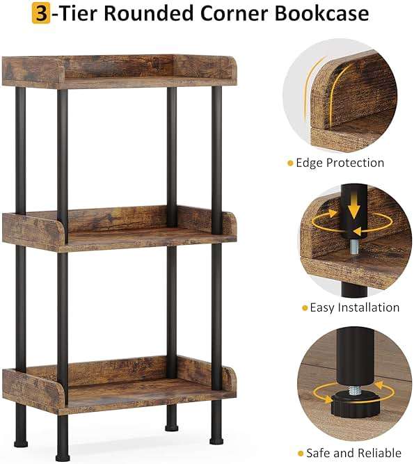 Hosfais Bookshelf Small Book Shelf, 3 Tier Wood Bookcase Industrial Bookshelf Metal Standing Book Shelves Display Book Rack for Living Room Bedroom Home Office (Rustic Brown) - Image 5