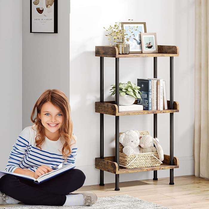 Hosfais Bookshelf Small Book Shelf, 3 Tier Wood Bookcase Industrial Bookshelf Metal Standing Book Shelves Display Book Rack for Living Room Bedroom Home Office (Rustic Brown) - Image 7