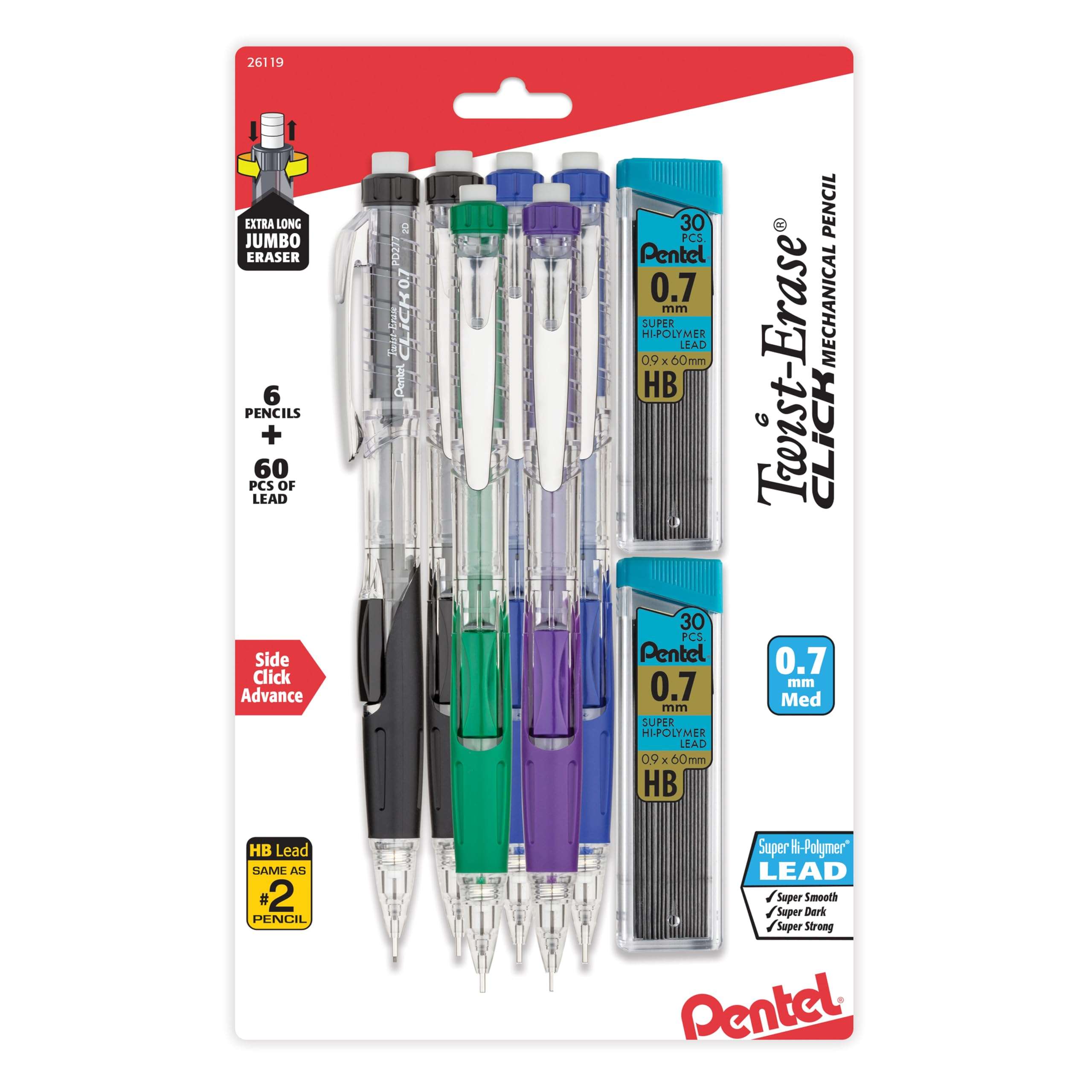 Pentel Twist-Erase Click Mechanical Pencil (0.7mm), Pack of 6 Pencils with 2 Pack of Lead Refills (PD277TLBPS6M) - Image 1
