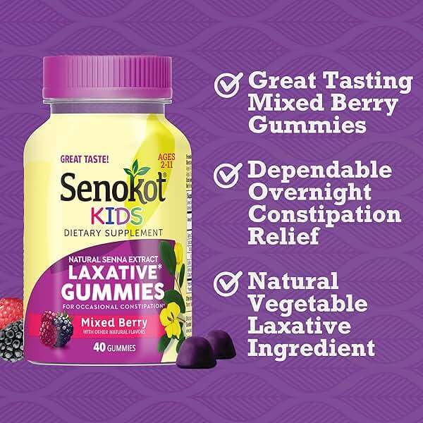 Senokot Kids Laxative Gummies for Age 2+, Mixed Berry, 40 Ct, Senna Extract, Kids Laxatives for Constipation, Gentle Overnight Relief - Image 4