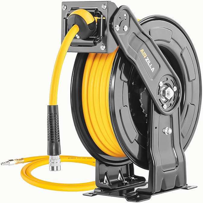 AIRZILLA Premium Steel Retractable Air Hose Reel With Dual Arm, 3/8"x65Ft Hybrid Polymer Hose, Heavy Duty Air Hose Reel included Auto Rewind Reel | Quick Air Coupler | Durable Double side Frame - Image 1