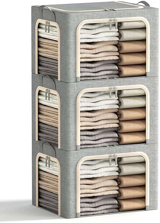 3 Openings Clothes Storage Bins with Metal Frame, Foldable Storage Bin for Clothes, Clothing Storage Bins with Lid, Linen Storage Box With Clear Window＆ Zippers＆ Durable Handles.(3 Pcs,Light Grey,40L) - Image 1