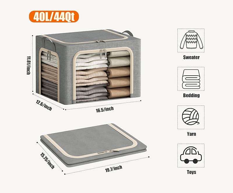 3 Openings Clothes Storage Bins with Metal Frame, Foldable Storage Bin for Clothes, Clothing Storage Bins with Lid, Linen Storage Box With Clear Window＆ Zippers＆ Durable Handles.(3 Pcs,Light Grey,40L) - Image 2