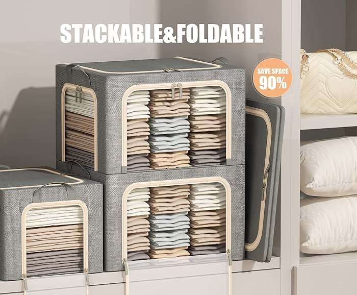 3 Openings Clothes Storage Bins with Metal Frame, Foldable Storage Bin for Clothes, Clothing Storage Bins with Lid, Linen Storage Box With Clear Window＆ Zippers＆ Durable Handles.(3 Pcs,Light Grey,40L) - Image 3