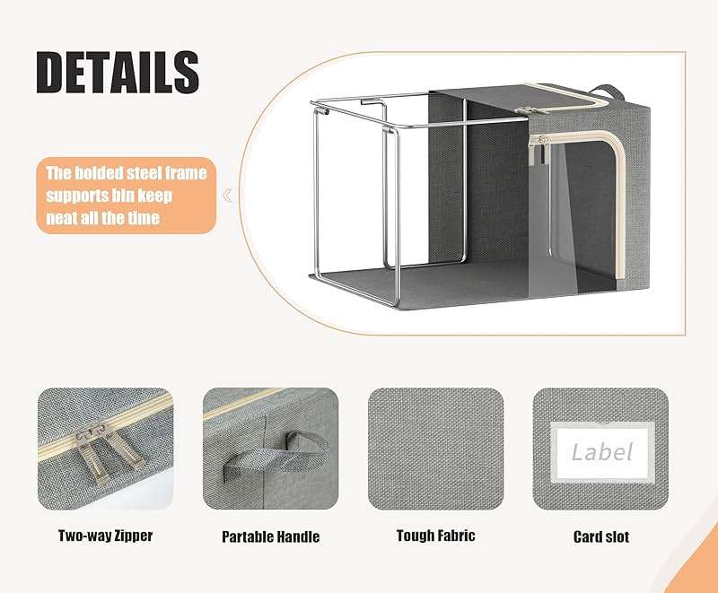 3 Openings Clothes Storage Bins with Metal Frame, Foldable Storage Bin for Clothes, Clothing Storage Bins with Lid, Linen Storage Box With Clear Window＆ Zippers＆ Durable Handles.(3 Pcs,Light Grey,40L) - Image 5