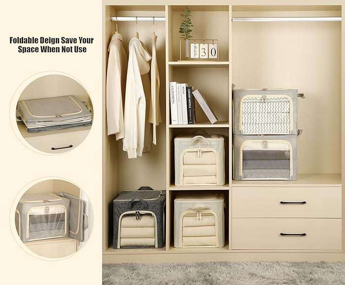3 Openings Clothes Storage Bins with Metal Frame, Foldable Storage Bin for Clothes, Clothing Storage Bins with Lid, Linen Storage Box With Clear Window＆ Zippers＆ Durable Handles.(3 Pcs,Light Grey,40L) - Image 6