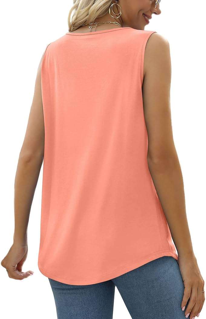 Saloogoe Summer Tank Tops for Women Loose Fit Pleated Square Neck Sleeveless Tops Curved Hem Flowy - Image 3