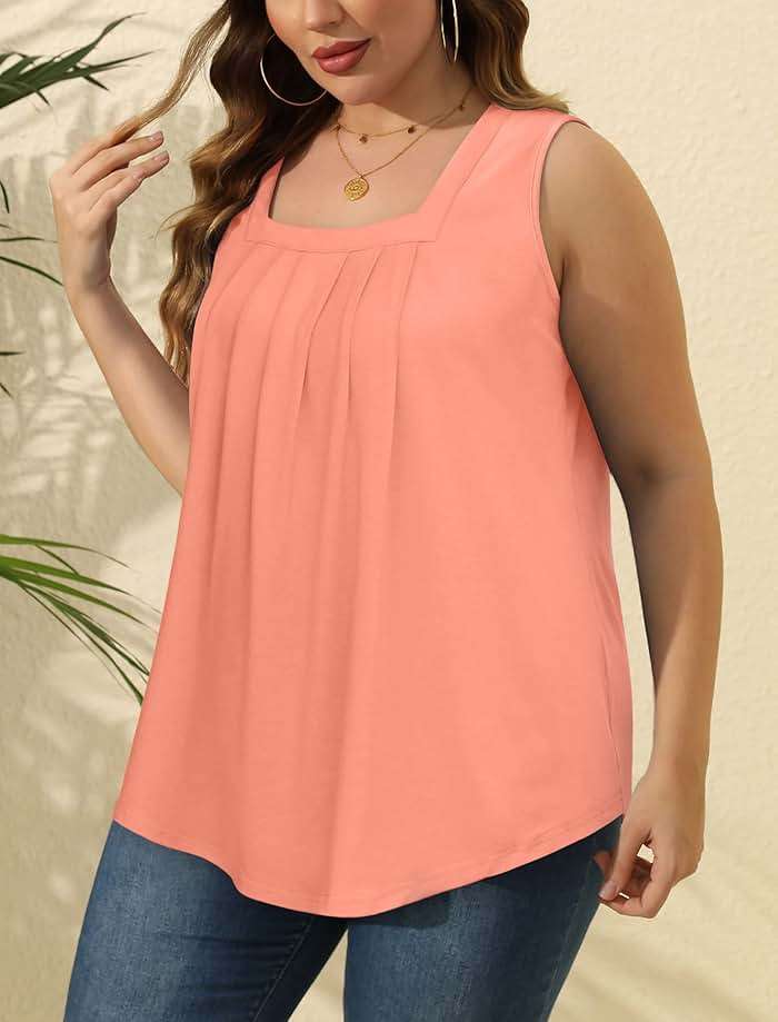 Saloogoe Summer Tank Tops for Women Loose Fit Pleated Square Neck Sleeveless Tops Curved Hem Flowy - Image 4
