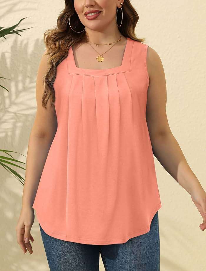 Saloogoe Summer Tank Tops for Women Loose Fit Pleated Square Neck Sleeveless Tops Curved Hem Flowy - Image 5