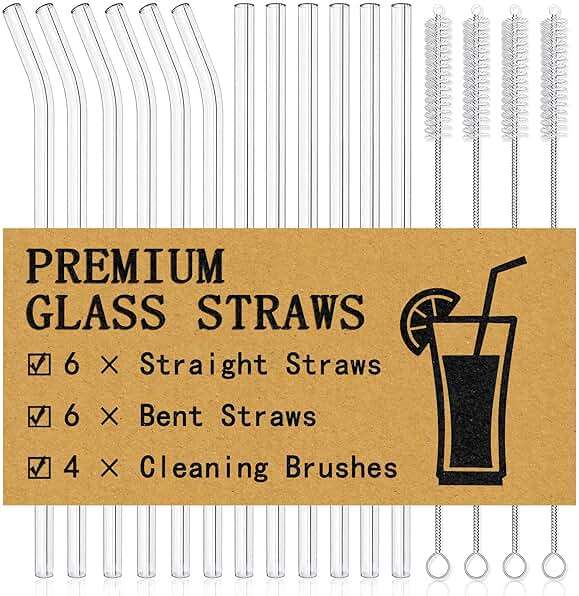 Piteno® 12Pcs Glass Straws with 4Pcs Brushes, Reusable Clear Glass Drinking Straws, 8.5''x10MM, Set of 6 Straight and 6 Bent with 4 Cleaning Brushes, Perfect for Smoothies, Milkshakes, Juice, Tea - Image 1