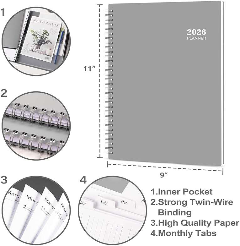 2026-2027 Planner - 2026-2027 Weekly and Monthly Planner, 9” × 11”, from JUL 2026 to JUN. 2027, Inner Pocket, Premium Paper, Twin-wire Binding, Make Life Productive - Gray - Image 3