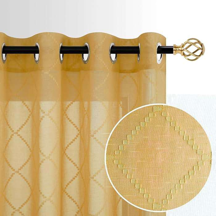KOUFALL Gold Curtains for Living Room 84 Inches Long,Sheer Geometric Fancy Sheers Mid Century Modern Boho Curtains for Bedroom 2 Panels Set - Image 1