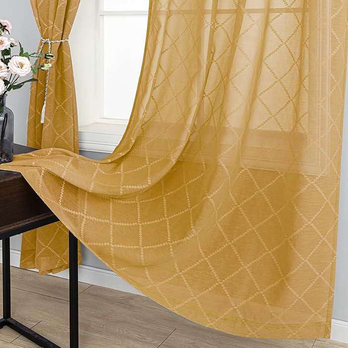 KOUFALL Gold Curtains for Living Room 84 Inches Long,Sheer Geometric Fancy Sheers Mid Century Modern Boho Curtains for Bedroom 2 Panels Set - Image 2