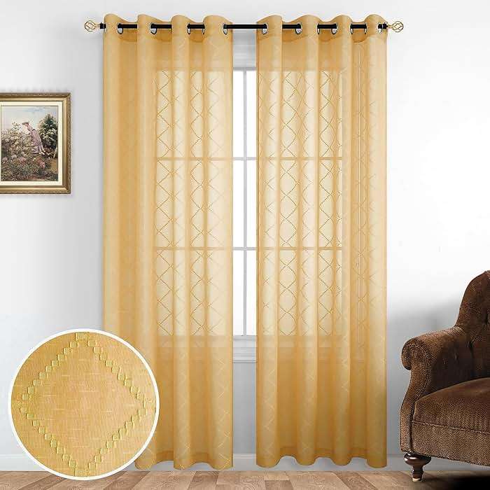KOUFALL Gold Curtains for Living Room 84 Inches Long,Sheer Geometric Fancy Sheers Mid Century Modern Boho Curtains for Bedroom 2 Panels Set - Image 7