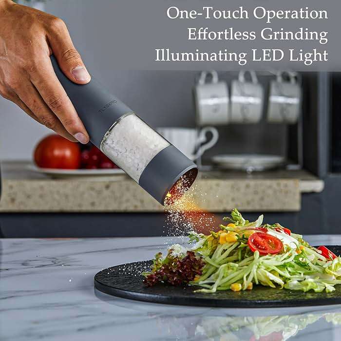 TLYSXPRO Electric Salt and Pepper Grinder Set with USB Rechargeable, Automatic One Hand Operation with Adjustable Coarseness, Pepper Mill Grinder Refillable with LED Light (2 Packs, Blue-Grey) - Image 2