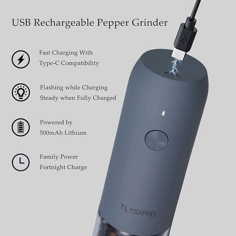 TLYSXPRO Electric Salt and Pepper Grinder Set with USB Rechargeable, Automatic One Hand Operation with Adjustable Coarseness, Pepper Mill Grinder Refillable with LED Light (2 Packs, Blue-Grey) - Image 5