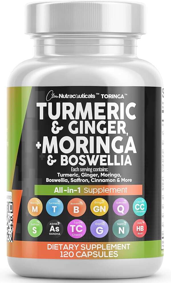 Clean Nutraceuticals Turmeric Moringa Supplement | Ginger Boswellia Saffron - Supplement for Women and Men with Ceylon Cinnamon, Tart Cherry, Quercetin Garlic Nettle Holy Basil - 1Pack - Image 1