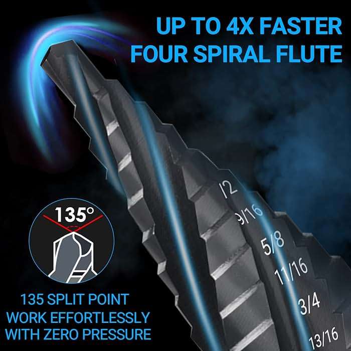 MABLEVI M35 Four Spiral Flute Cobalt Step Drill Bit Set 1/8"-7/8", Wear-Resistant TiAlN Coated 1/4" Hex Shank Unibit Step Bit for Metal, Stainless Steel, Aluminum, Wood, Plastic（3Pcs） - Image 2