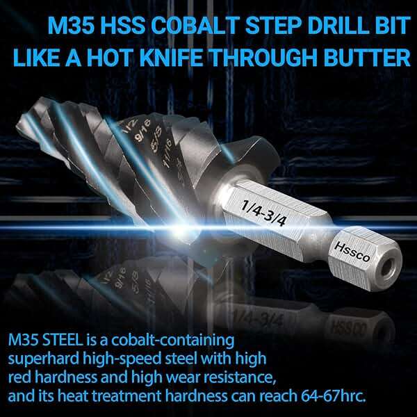 MABLEVI M35 Four Spiral Flute Cobalt Step Drill Bit Set 1/8"-7/8", Wear-Resistant TiAlN Coated 1/4" Hex Shank Unibit Step Bit for Metal, Stainless Steel, Aluminum, Wood, Plastic（3Pcs） - Image 3