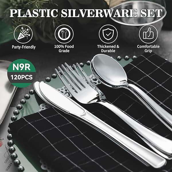 N9R 120PCS Silver Plastic Silverware, Silver Plastic Cutlery Set Disposable Flatware Dinnerware -60 Forks, 30 Spoons, 30 Knives for Wedding, Party, Birthday and Daily Use - Image 4