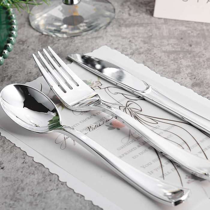 N9R 120PCS Silver Plastic Silverware, Silver Plastic Cutlery Set Disposable Flatware Dinnerware -60 Forks, 30 Spoons, 30 Knives for Wedding, Party, Birthday and Daily Use - Image 6