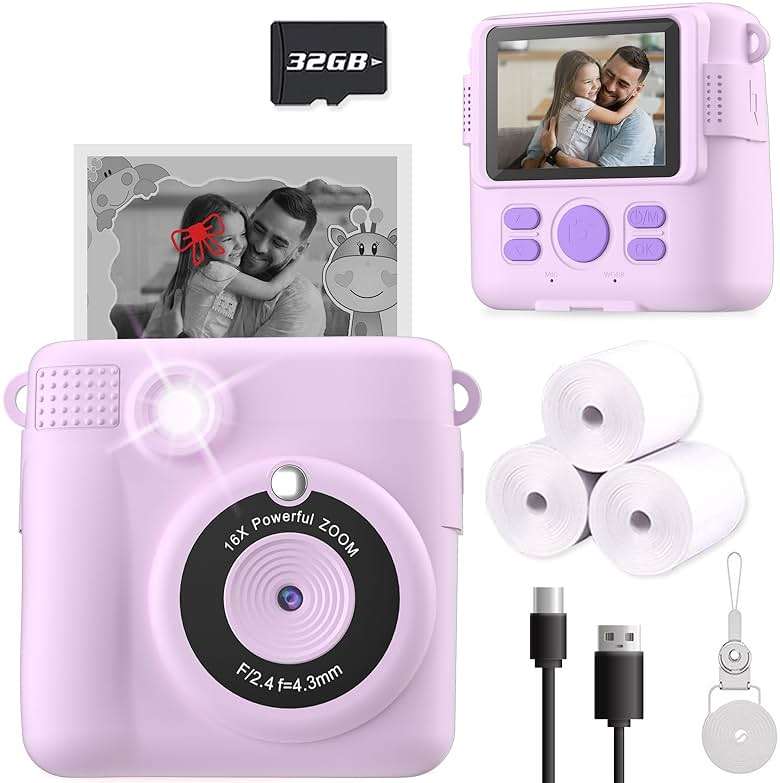 ESOXOFFORE Instant Print Camera for Kids, Christmas Birthday Gifts for Girls Boys Age 3-12,Kids Digital Cameras for Toddler, Portable Toy for 3 4 5 6 7 8 9 10 Year Old Girl with 32GB SD Card-Purple - Image 1