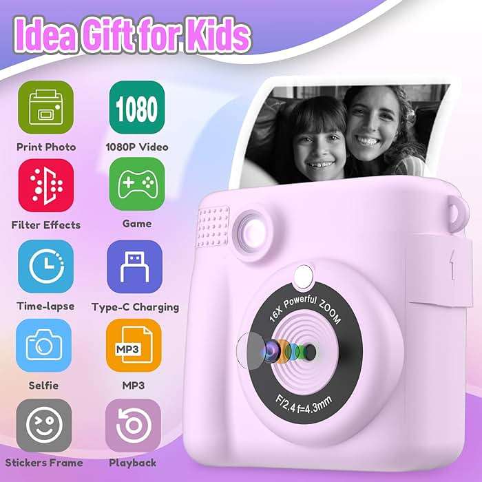 ESOXOFFORE Instant Print Camera for Kids, Christmas Birthday Gifts for Girls Boys Age 3-12,Kids Digital Cameras for Toddler, Portable Toy for 3 4 5 6 7 8 9 10 Year Old Girl with 32GB SD Card-Purple - Image 2