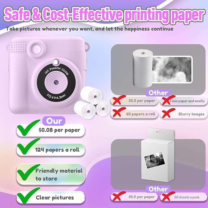 ESOXOFFORE Instant Print Camera for Kids, Christmas Birthday Gifts for Girls Boys Age 3-12,Kids Digital Cameras for Toddler, Portable Toy for 3 4 5 6 7 8 9 10 Year Old Girl with 32GB SD Card-Purple - Image 5