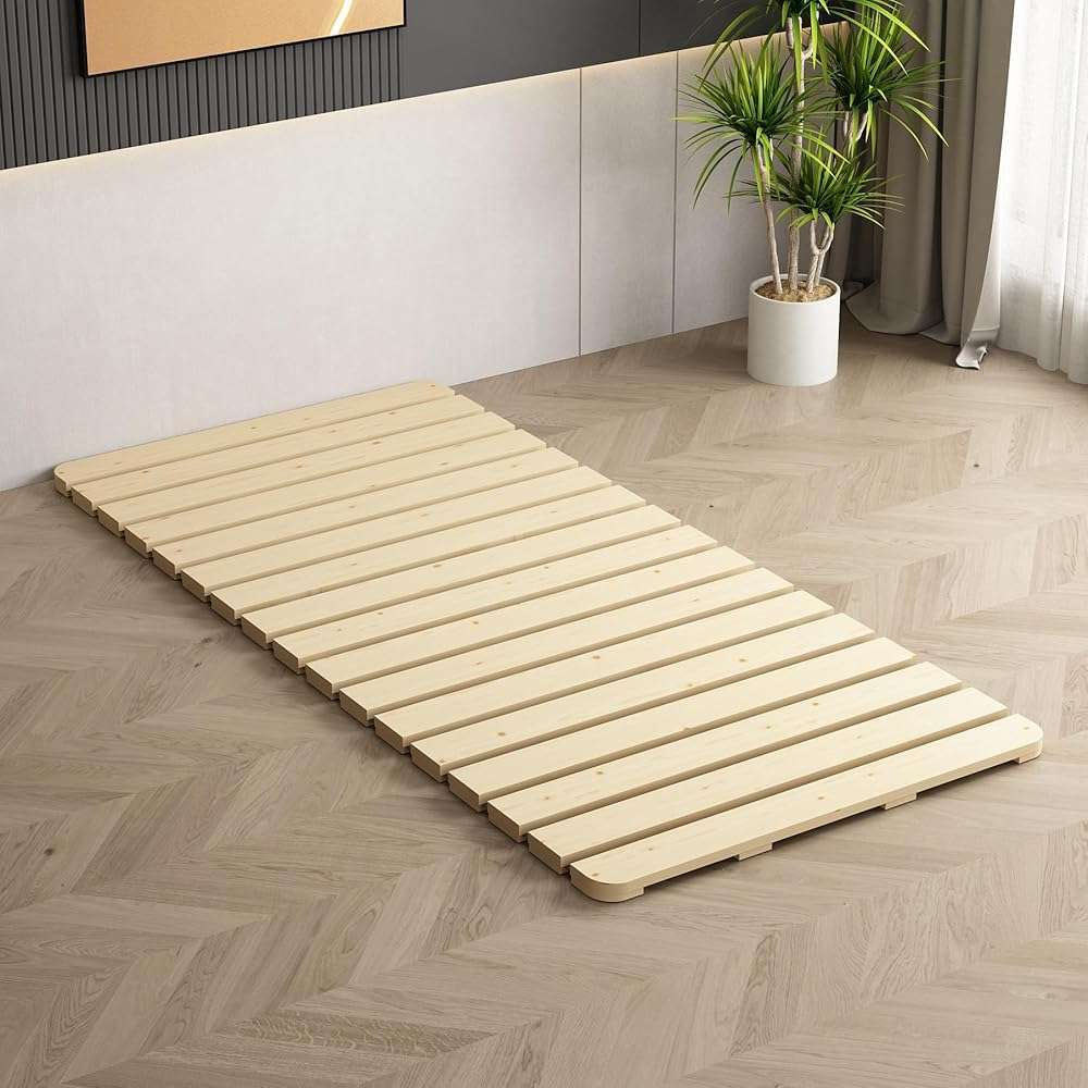 LOBOTOU Foldable Floor Bed Frame, Breathable Wooden Roll-Up Slats Base for Japanese Futon Mattress, Low Profile Sleep Bedding (Twin) - Image 1