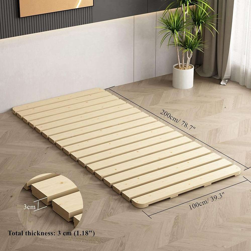 LOBOTOU Foldable Floor Bed Frame, Breathable Wooden Roll-Up Slats Base for Japanese Futon Mattress, Low Profile Sleep Bedding (Twin) - Image 2