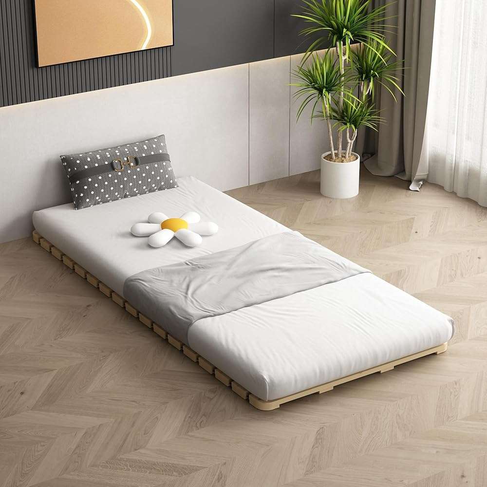 LOBOTOU Foldable Floor Bed Frame, Breathable Wooden Roll-Up Slats Base for Japanese Futon Mattress, Low Profile Sleep Bedding (Twin) - Image 3