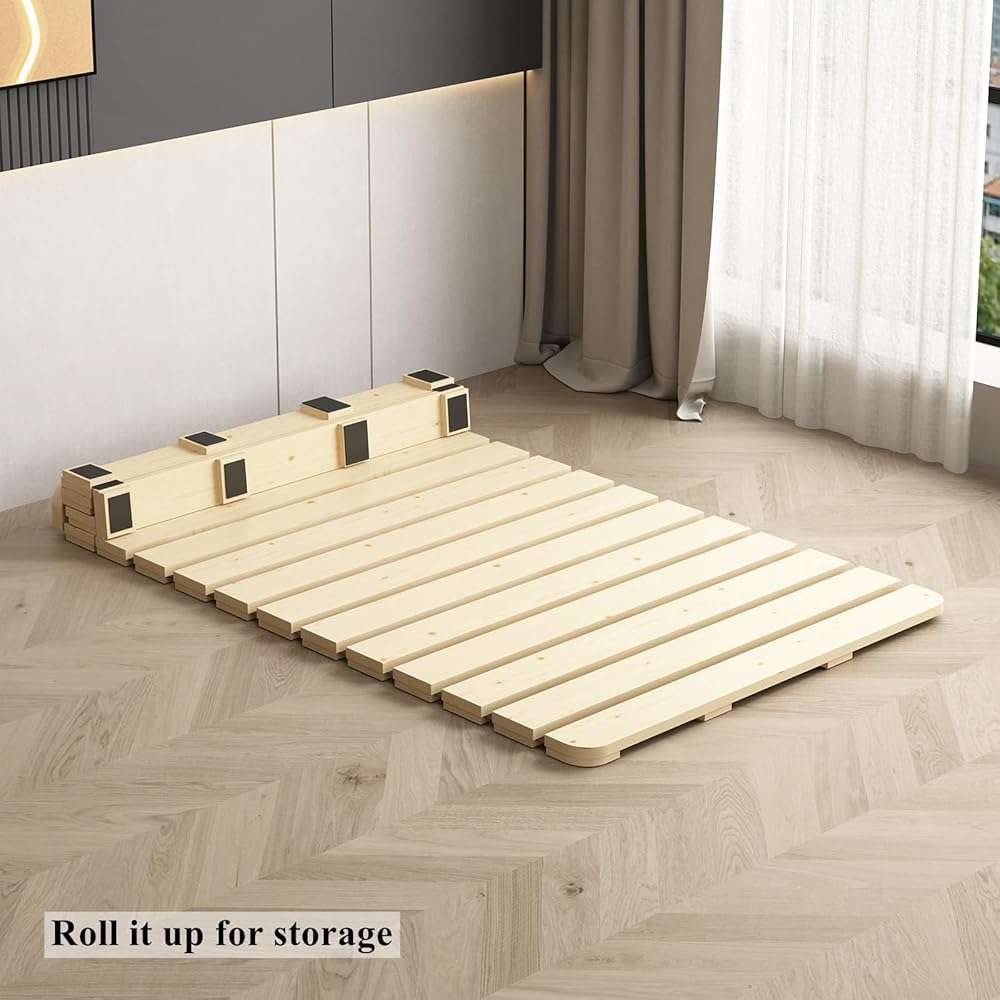 LOBOTOU Foldable Floor Bed Frame, Breathable Wooden Roll-Up Slats Base for Japanese Futon Mattress, Low Profile Sleep Bedding (Twin) - Image 7