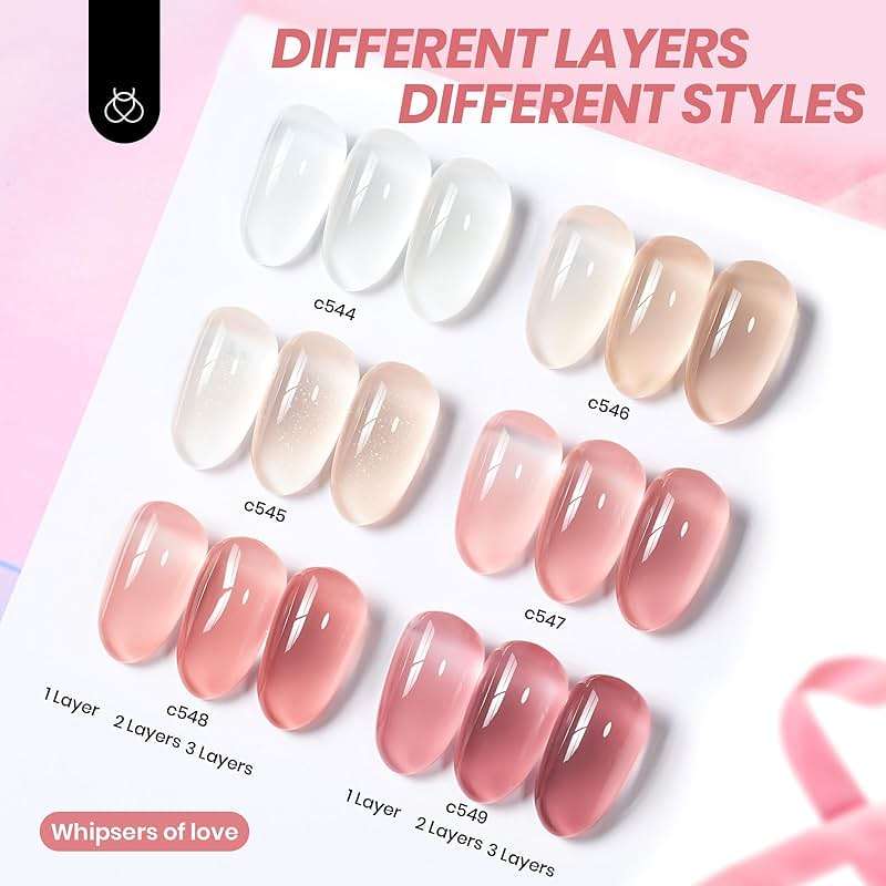 beetles Gel Polish Whispers of Love Jelly Gel Nail Polish Set - 6 Colors Milky White Nude Pink Neutral Sheer Translucent Soak Off UV Gel Nail Kit, Nail Concealer for Salon DIY Manicure Gift Women - Image 2