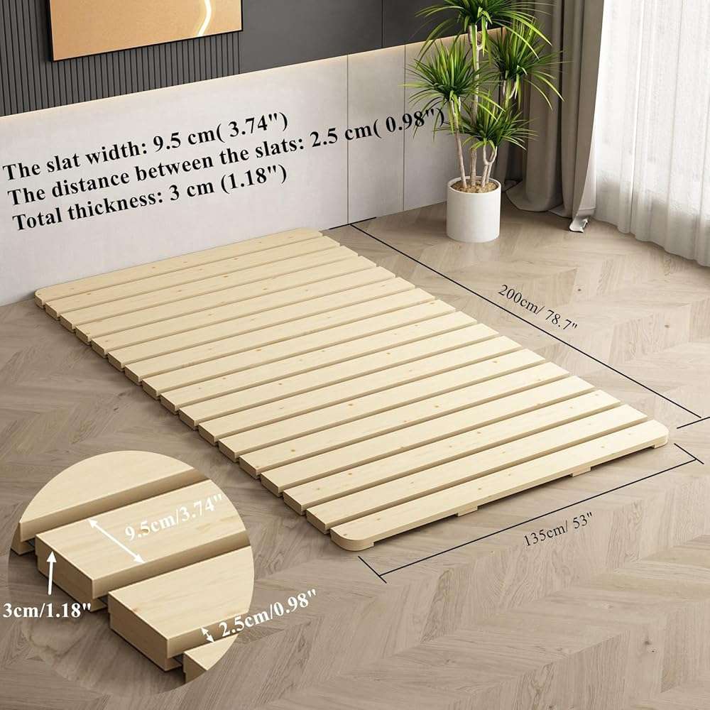 LOBOTOU Foldable Floor Bed Frame, Breathable Wooden Roll-Up Slats Base for Japanese Futon Mattress, Low Profile Sleep Bedding (Full) - Image 2
