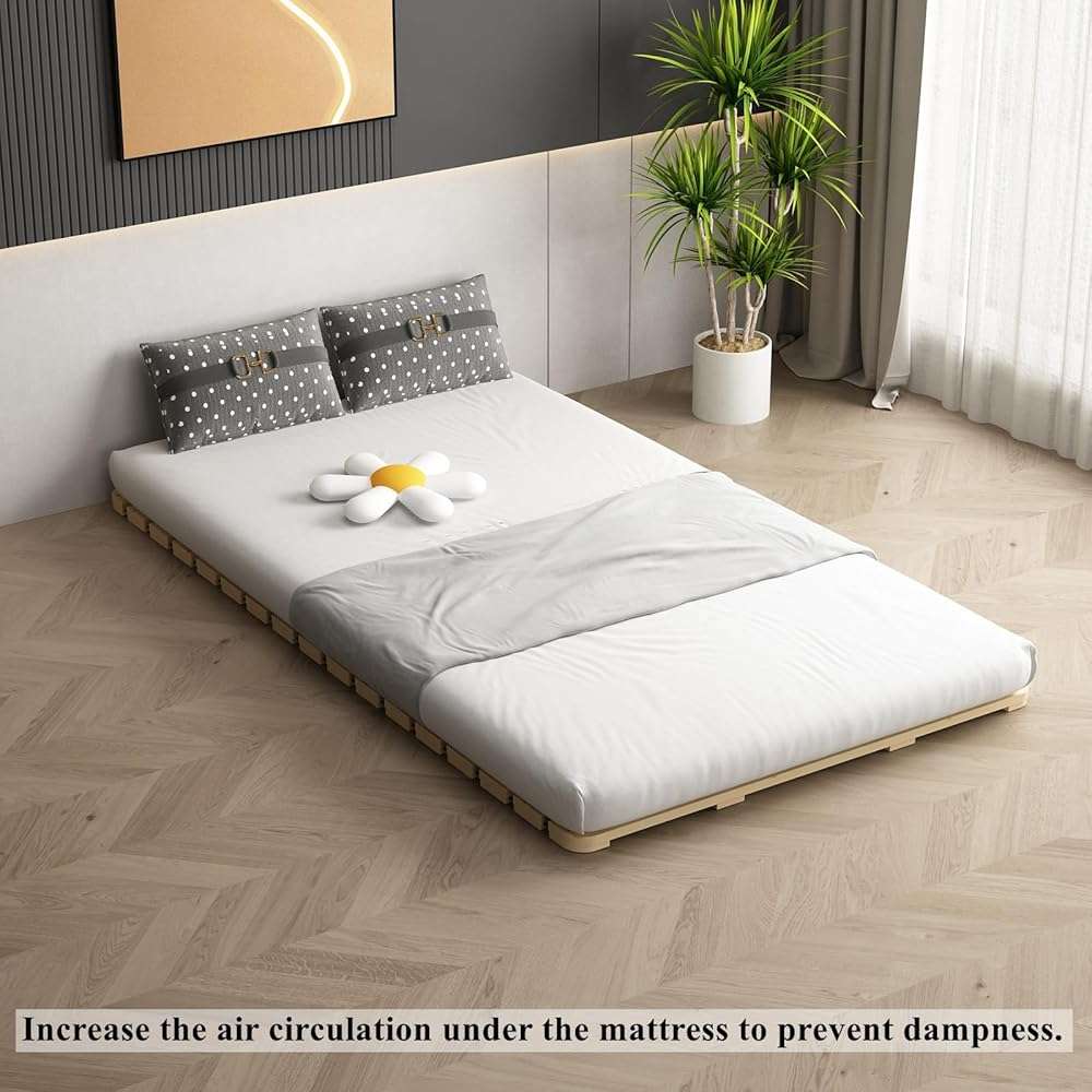 LOBOTOU Foldable Floor Bed Frame, Breathable Wooden Roll-Up Slats Base for Japanese Futon Mattress, Low Profile Sleep Bedding (Full) - Image 5