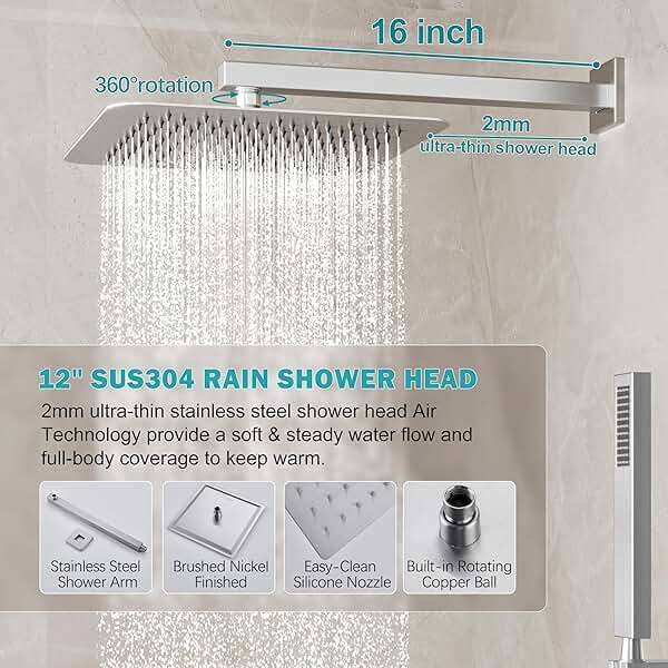 HoliSpa Shower System, Brushed Nickel Shower Faucet Set with 12-Inch Rain Showerhead and Handheld Spray, Wall Mounted High-Pressure Showerhead Combo Set Included Valve and Trim, Brushed Nickel - Image 4